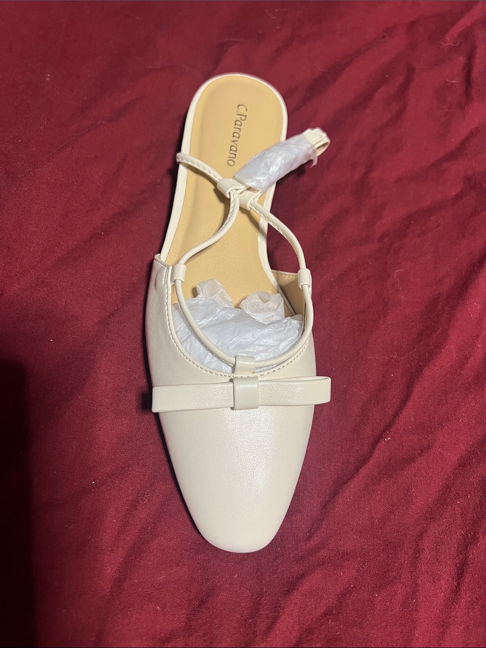 C. Paravano Cream Leather Bow Pointed Toe Flat